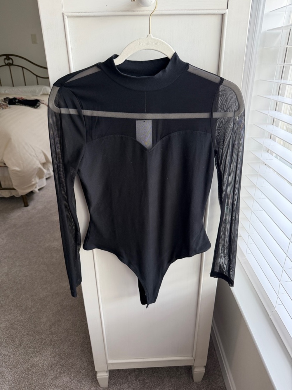 Derek Heart Black Long-Sleeve Mesh Trim Bodysuit